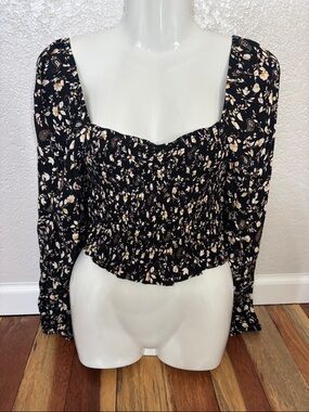 Forever 21 Black Floral Smocked Square-Neck Long Sleeve Blouse